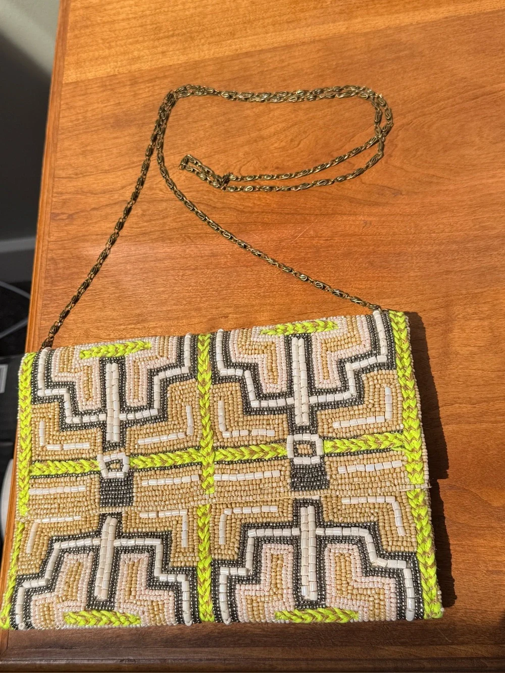 Beaded Geometric Clutch Crossbody – Cream Gunmetal Lime